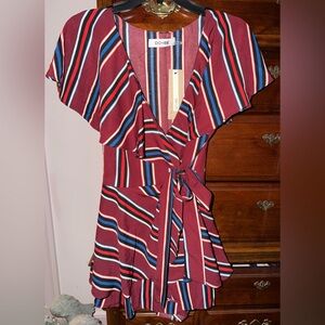 Striped Wrap Romper with Ruffle Sleeves